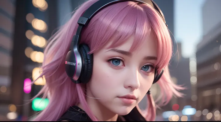 girl with headphones,hair color rainbow eyes red cyberpunk,8K extremely detailed, smooth, high resolution, ultra quality, highly detailed eyes, highly detailed mouth, highly detailed face brightness, iridescent, global lighting, real hair movement, real li...