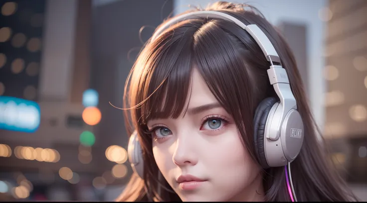 girl with headphones,hair color rainbow eyes red cyberpunk,8K extremely detailed, smooth, high resolution, ultra quality, highly detailed eyes, highly detailed mouth, highly detailed face brightness, iridescent, global lighting, real hair movement, real li...