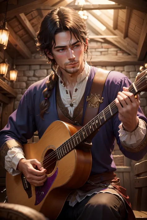 Generate a photorealistic image of a handsomely attired musician, adorned in medieval garments with selective purple tones, captivatingly performing in a rustic tavern setting. Illuminate the scene with natural light to evoke an authentic ambiance. Emphasi...