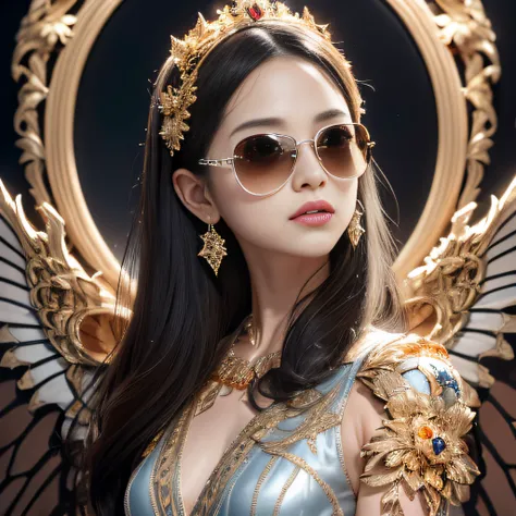 Dark moonlit night，Transparent wings，Magic wand，Wear thick gold-framed reflective sunglasses，32K（tmasterpiece，k hd，hyper HD，32K）Light orange flowing hair，Silver Skull jewelry district in an abandoned pond，Indigo Skull King ，Skeleton protector （The skeleton...