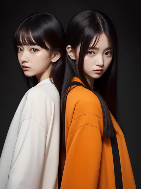 the Extremely Detailed CG Unity 8K Wallpapers、top-quality、ultra-detailliert、​masterpiece、studio shoot、Full body portrait、Black and orange and white jacket、realisitic、Photo Real、extremely detailed cute girl、独奏、sixteen years old、side glance, Melancholy look,...