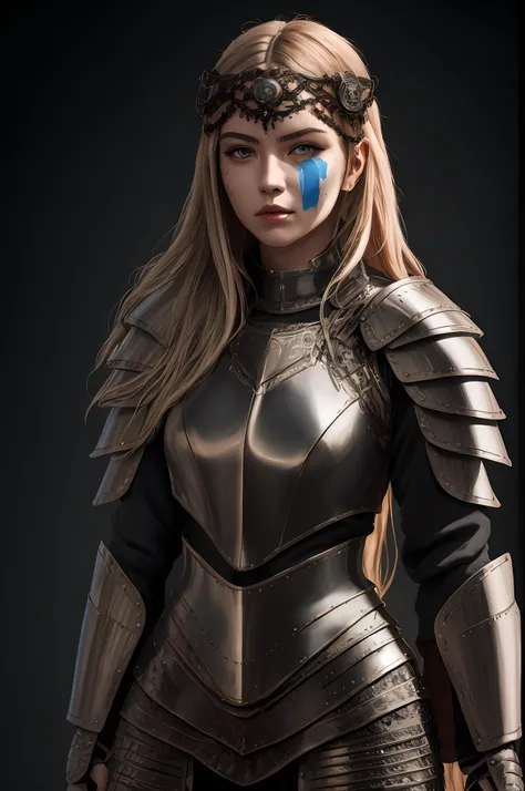 A highly detailed portrait of a female warrior with a scar on her face in intricate black plate armor, Mysterious dark background of nature, High Resolution, 4k, 8K