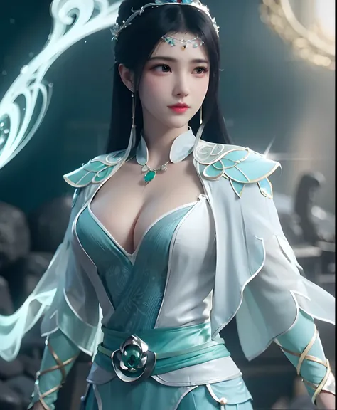 A woman in a blue dress，Wearing a TIA and a green necklace, Beautiful character painting, full-body xianxia, epic exquisite  character art, a beautiful fantasy empress, Inspired by Li Tang, xianxia fantasy, Inspired by Lan Ying, xianxia hero, Ruan Jia and ...