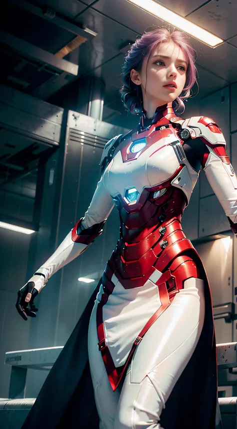 RAW, masterpiece, ultra thin photo, best quality, ultra high resolution, photorealistic, sunlight, full body portrait, incredibly beautiful, purple hair, dynamic poses, delicate face, vibrant eyes, (side view), she is using a futuristic Iron Man engine, re...