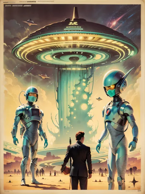 Three Aliens looking up, Sci-Fi Image, ((Three Aliens looking up)), Aliens, Extraterrestrials, ((extraterrestrials)), Outer Limits, Twilight Zone, Lost in Space, Forbidden Planet, Mel Hunter, Vincent Di Fate, Ed Valigursky, extraterrestrial biological enti...