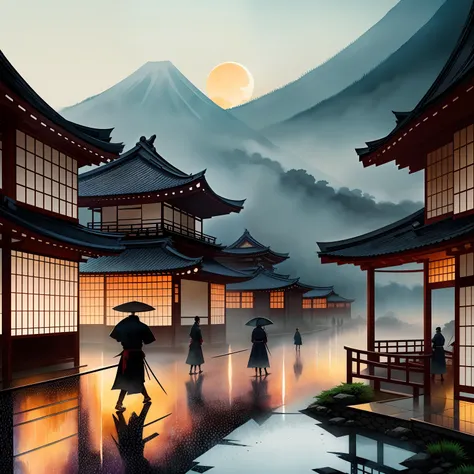 illustration, japanese vibe, samurai, village, silhouette, rain, moonlit, no background, printable, high res, Watercolor, trending on artstation, sharp focus, studio photo, intricate details, highly detailed, by greg rutkowski --auto