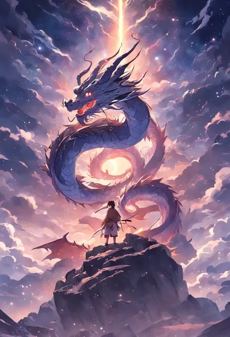 (Ying Dragon God), (Through the Clouds), (Top of the Mountains), (Complex), (Super Detail), (Starry Sky Background), (Stout Limbs), (Moon Night), (Ultra Clear), (Best Quality)