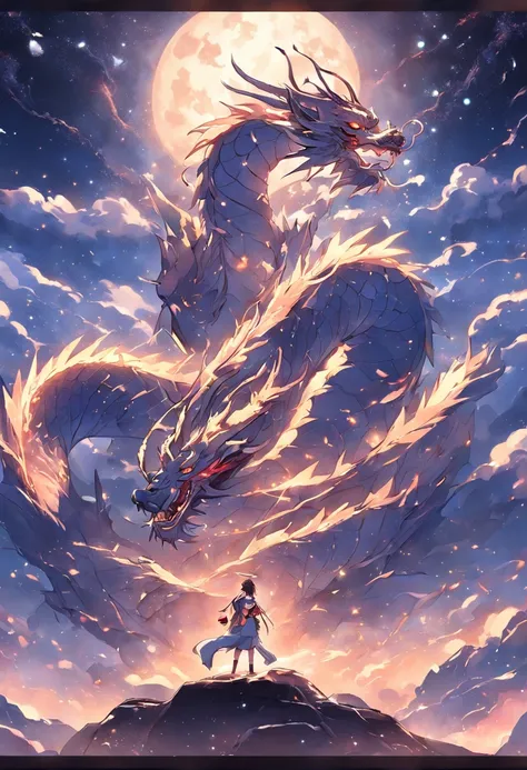 (Ying Dragon God), (Through the Clouds), (Top of the Mountains), (Complex), (Super Detail), (Starry Sky Background), (Stout Limbs), (Moon Night), (Ultra Clear), (Best Quality)