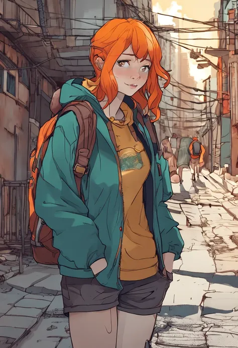 Theres a woman with orange hair, com bunda grande, posando na rua com uma mochila nas costas, em uma rua da cidade, anime hiper realista, Surrealismo alunas, Arte em estilo Guviz, Guviz, Imagem ultrarrealista, Menina anime na vida real, Deusa Brasileira