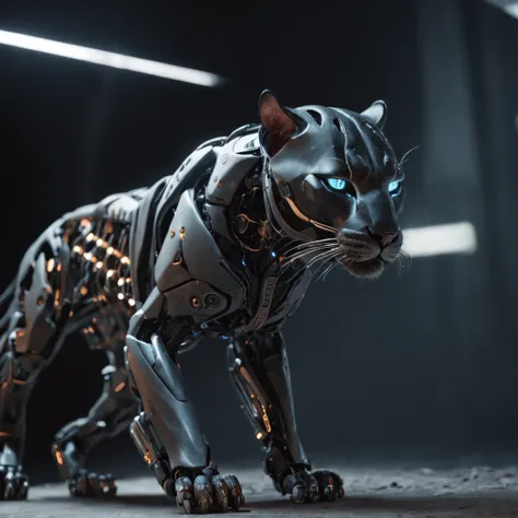 foto de uma pantera((bicho)) futuristica no meio da foto, foto hiper-realista, metalic, Professional photo of a futuristic robotic panther with various modifications, metal claws, synthetic fur, bionic hind legs, ((detalhes super realistas)), cybernetic ey...