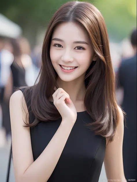 ((Best quality, 8k, Masterpiece :1.3)), 1girl, smiling, full body, slim face, Pretty woman, (Dark brown hair), full length dress :1.1, Ultra-detailed face, Detailed eyes, Double eyelid, blur background, slim face, city, outside, street,