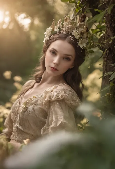 (extremely detailed CG unity 8k wallpaper, masterpiece, best quality, ultra-detailed),Intoxicating light and shadow, Light and flowy, dancing petals, A wonderland in the woods, Enchanting elf princess.