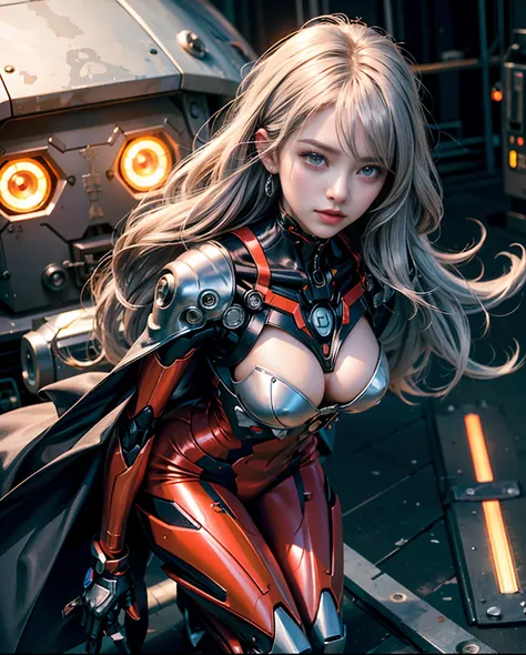 Silver gradient color hair、long fluttering hair、strong breeze、Orange Eyes、radiant eyes、Evangelion Girl、small tit、Breasts are small and B size、The face and chest are alive、Cleavage is visible。photoRealstic、portfolio、Evangelion-style metal mecha suit、an oppa...