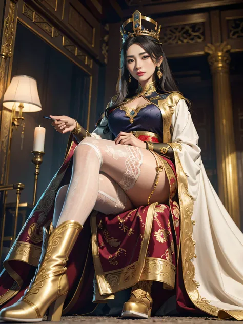 Mature women，Oriental women，Queen temperament，queen，lady，Raised sexy，tmasterpiece，best qualityer，Hyper-detailing，Fine and detailed eyes and detailed face， garments：Wearing Han imperial clothing，the emperor，Ancient wind，Wear boots，（over knee socks），allure：f...