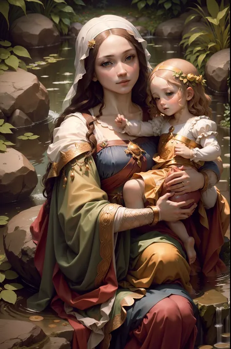 Leonardo Da Vinci water and stone, Madonna and child, deluge, gardens, and artist technique, 64k resolution, photorealism, hyper detail, artistic perfection