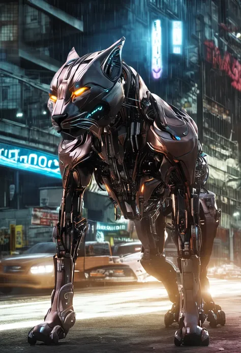 foto de uma pantera((bicho)) futuristica no meio da foto, foto hiper-realista, metalic, Professional photo of a futuristic robotic panther with various modifications, metal claws, synthetic fur, bionic hind legs, ((detalhes super realistas)), cybernetic ey...