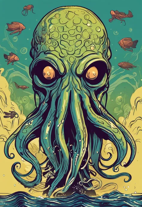 Cthulhu,Monster,Fish,tentaculata，A polluted underwater world，There is no light in the sky