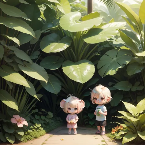 Cute Baby Chibi Anime,Elephant ears,Ash-haired bob,Tropical flowers,botanical garden