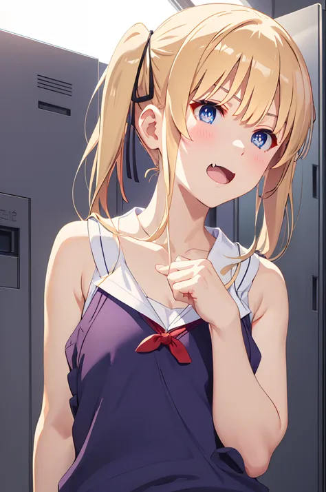 ph_eriri, sawamura spencer eriri, 1girl, blonde hair, blue eyes, school uniform, twintails, solo, fang, long hair, open mouth, h...