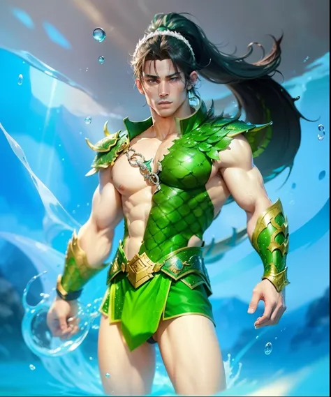 Boy, handsome, sixpack, charming, cute,Green dragon scales , underwater, ponytail hair, realistic, ultra detail, perfect face, perfect eyes, white skin, blue eyes,magic water elements, golden armor,big bick, green underwear.