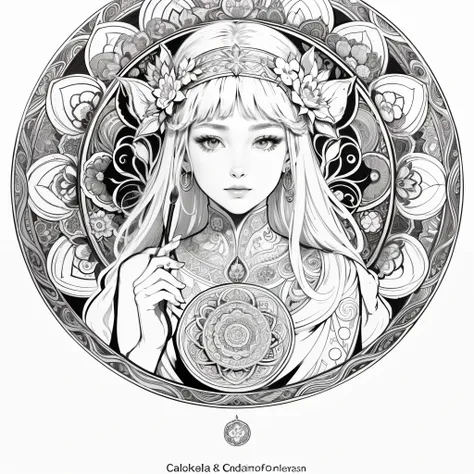 Flowers and goddess, ploynesian, garden, art for coloring book page, full white background, only use outline, line art, coloring book, clean line art, mandala for coloring with nature ornaments, simple and clean line art, coloring book page, adorned in Art...