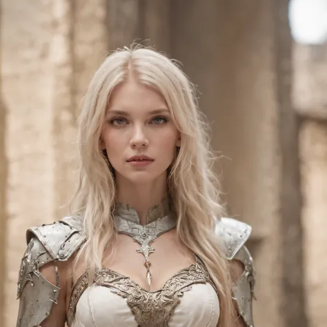 beautiful slender young long-haired with bangs blonde woman in tattered white fantasy armor with exposed chest, castle interior, UHD, elven fantasy, micro details, soft light, photorealistic, proportional, hyper details