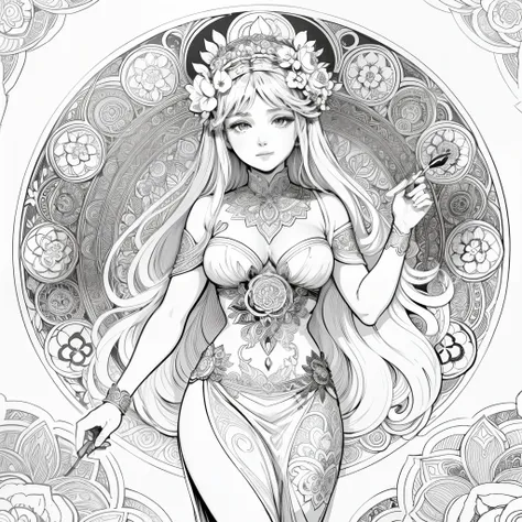 Flowers and goddess, ploynesian, garden, art for coloring book page, full white background, only use outline, line art, coloring book, clean line art, mandala for coloring with nature ornaments, simple and clean line art, coloring book page, adorned in Art...