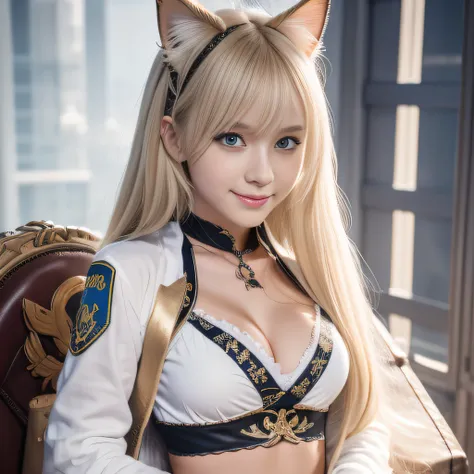 Ukrainian girl , Ukrainian anime girl ,ukranian , The whole body consists of a young girl with messy light blonde hair, Eye makeup, 11yo, Cat ears, Soft lighting, Solo, Wear shabby clothes, Dirty, Tattered futuristic military uniform, Cats paw badge, Pose,...