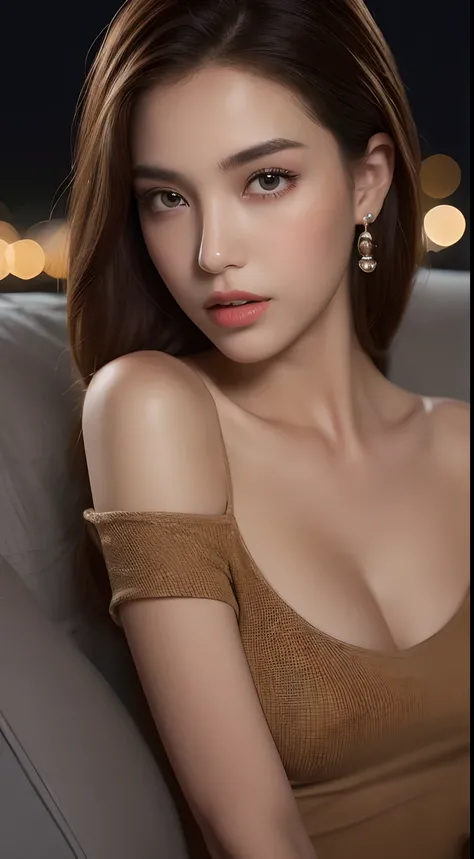 ((Night view, realistic light, best quality, 8k, masterpiece: 1.3)), 1girl, pretty woman with slim figure: 1.4, (brown hair, medium breasts: 1.3), off-the-shoulder cut top: 1.3, sofa, super detailed face, detailed eyes, double eyelids