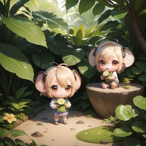 (Cute Baby Chibi Anime:1.2),Elephant ears,Bob with ash hair,Tropical Flowers,Botanical Garden