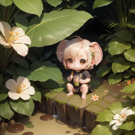 (Cute Baby Chibi Anime:1.2),Elephant ears,Bob with ash hair,Tropical Flowers,Botanical Garden