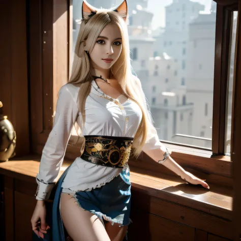 Ukrainian girl , Ukrainian anime girl ,ukranian , The whole body consists of a young girl with messy light blonde hair, Eye makeup, 11yo, Cat ears, Soft lighting, Solo, Wear shabby clothes, Dirty, Tattered futuristic military uniform, Cats paw badge, Pose,...