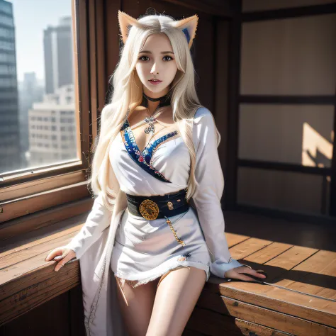 Ukrainian girl , Ukrainian anime girl ,ukranian , The whole body consists of a young girl with messy light blonde hair, Eye makeup, 11yo, Cat ears, Soft lighting, Solo, Wear shabby clothes, Dirty, Tattered futuristic military uniform, Cats paw badge, Pose,...