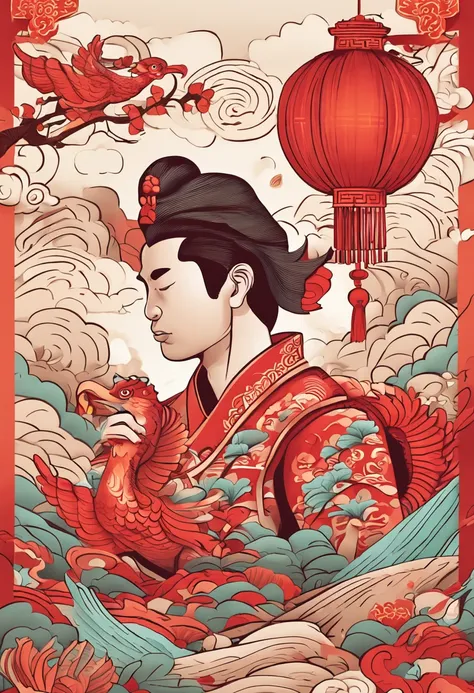 Paper art style, Chinese boy with two phoenixes