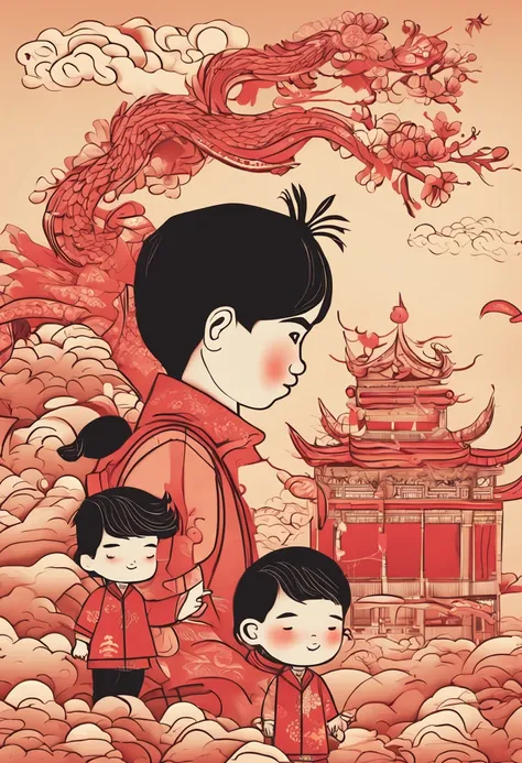 Paper art style, Chinese boy with two phoenixes