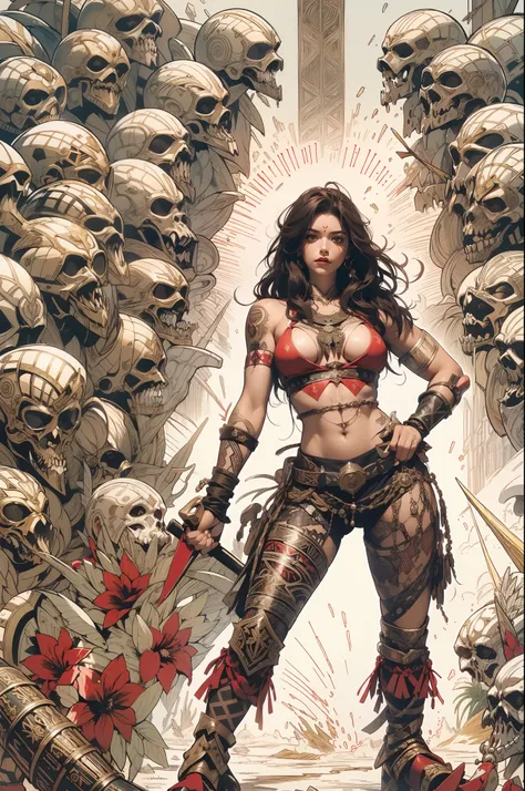 (((mulher))), (((melhor qualidade))), (((obra prima))), (((adulta))), Uma guerreira mulher de 35 anos com corpo perfeito, Brooklyn Gladiators, (( under boobs )), quase nua no estilo selvagem urbano de Simon Bisley para a capa da revista Heavy Metal, cabelo...