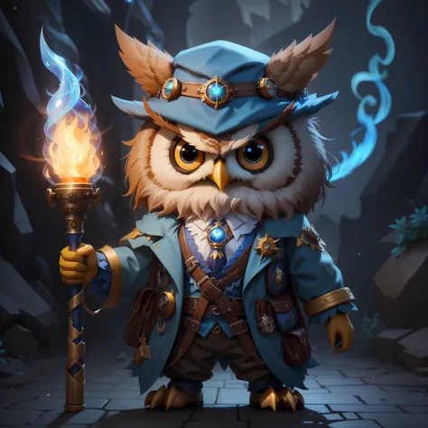 There is a cartoon owl in a blue costume holding a torch, owl wizard, super detailed fantasy characters, unreal engine fantasy art, Steampunk Wizard, Cute 2D Rendering, 2D Rendering Character Art 8K, very detailed character, (Octane Render) fantasy-inspire...