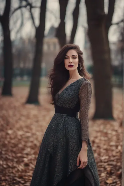 portrait of a dark hair slightly smiling French beauty with dark lipstick and black eyeliner and winter dress in park, filmic grain, blurry background, cinematic lighting, natural colors