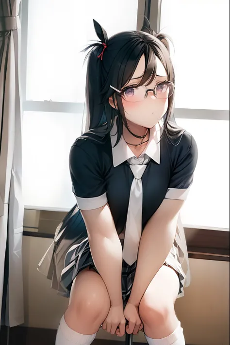 １７Year old schoolgirl　High school girl in black high socks Japan　puffed out cheeks　Fume　Lack of eye power　The skirt is ironed　The shirt is ironed　The tie is about to come off　plaid skirts　Glasses Twin Tail　slim figure　Rasping　Underweight　narrow shoulders　s...