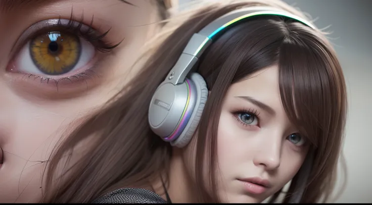 girl with headphones,hair color rainbow eyes red cyberpunk,8K extremely detailed, smooth, high resolution, ultra quality, highly detailed eyes, highly detailed mouth, highly detailed face brightness, iridescent, global lighting, real hair movement, real li...