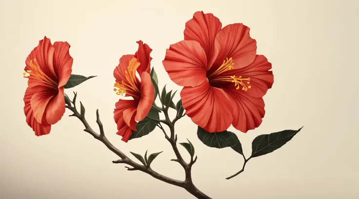 hibiscus flower blooming on a gnarled branch against a grey background, simple background, in the style of light orange and light beige, minimalist images, photography installations, paleocore, green and crimson, hyper-realistic, poetic intimacy