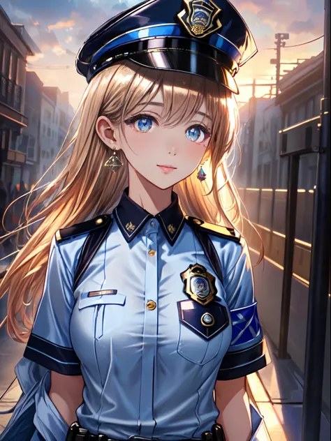 ((masterpiece+best quality+high resolution+illustration1.3+ultra 8k)), 1girl, ((detailed body)) ((attractive face)) ((long nose)), police dress, police cap, police logo on her shirt, outdoor, fantasy cloud, cloudy background, detailed body, long hair, shar...