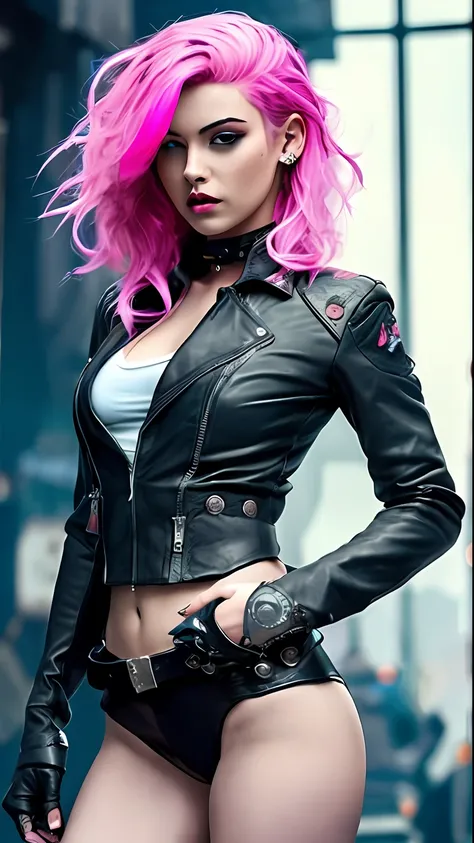 Beautiful woman, vigilante, dyed pink hair, sexy leather clothes, long breasts, cyberpunk style, realistic detailed, portrait, bad ass, punk rock, rebel, sexy, full body shot