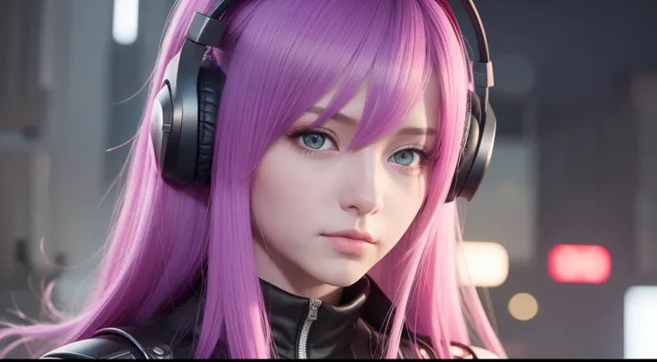 girl with headphones,hair color rainbow eyes red cyberpunk,8K extremely detailed, smooth, high resolution, ultra quality, highly detailed eyes, highly detailed mouth, highly detailed face brightness, iridescent, global lighting, real hair movement, real li...