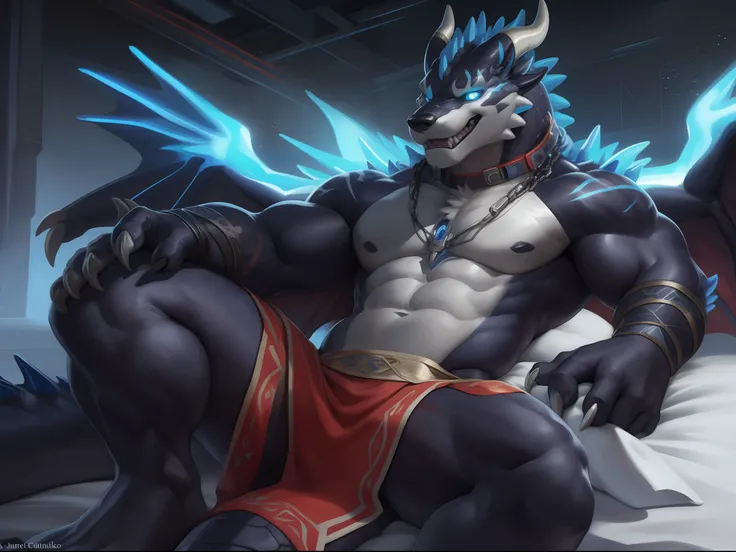 Solo, Male, (Muscular), sacrifices, (male anthro wolf):1.3, White flesh，nakeness，divinity，Numbered collar，loincloth,Evil God (Kamimei):1.3, (komono:1.4) (DOA):1.23, Detailed eyes, lizard tail,A pair of dragon horns, A pair of dragon wings，Slim stature，((Fu...