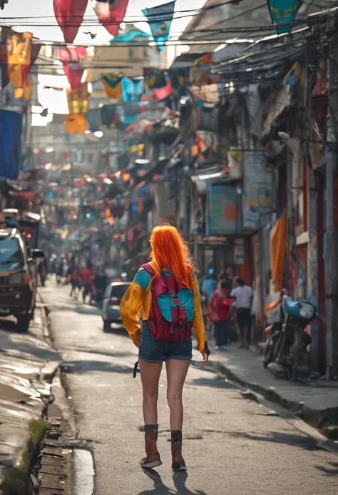 Theres a woman with orange hair, com bunda grande, posando na rua com uma mochila nas costas, em uma rua da cidade, anime hiper realista, Surrealismo alunas, Arte em estilo Guviz, Guviz, Imagem ultrarrealista, Menina anime na vida real, Deusa Brasileira