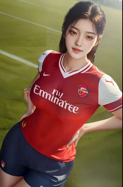 1girl,realistic player football koreangirl age 17,beautiful realistic face,Gently smiling detailed expresision,sexy,he tall,super big breast,(P cup),sexy girl pose photos,realistic girl sexy, Arsenal number 10 player football girl uniform,full body wet,in ...