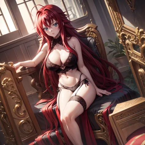 1girl, rias gremory, long hair, crimson long hair, reaches down to thighs with a single hair strand sticking out from the top hair also has loose bangs covering forehead and side bangs framing face, large breast, black lingerie, black bra, black lace panti...