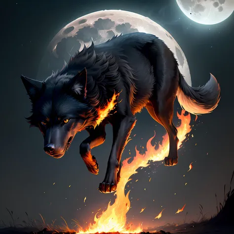 A black wolf remains under the moon and catches fire