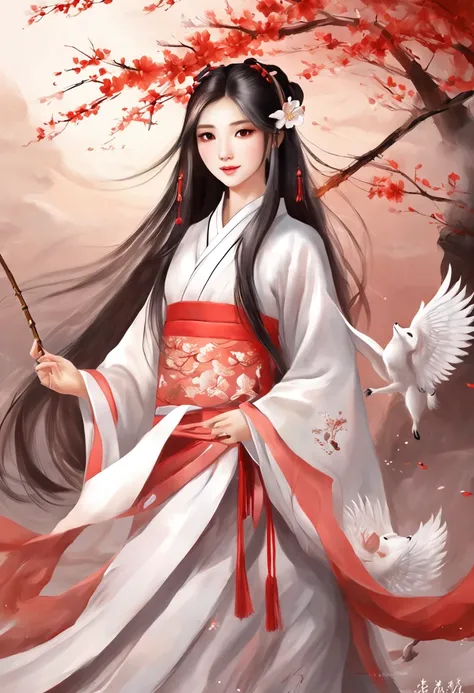 A beautiful Chinese girl stands tall with Hanfu, beside a graceful white nine-tailed fox. realistic, The low-angle shot, along with the light red and white tones used. The girl exudes confidence and strength, while the fox emanates an aura of enchantment a...